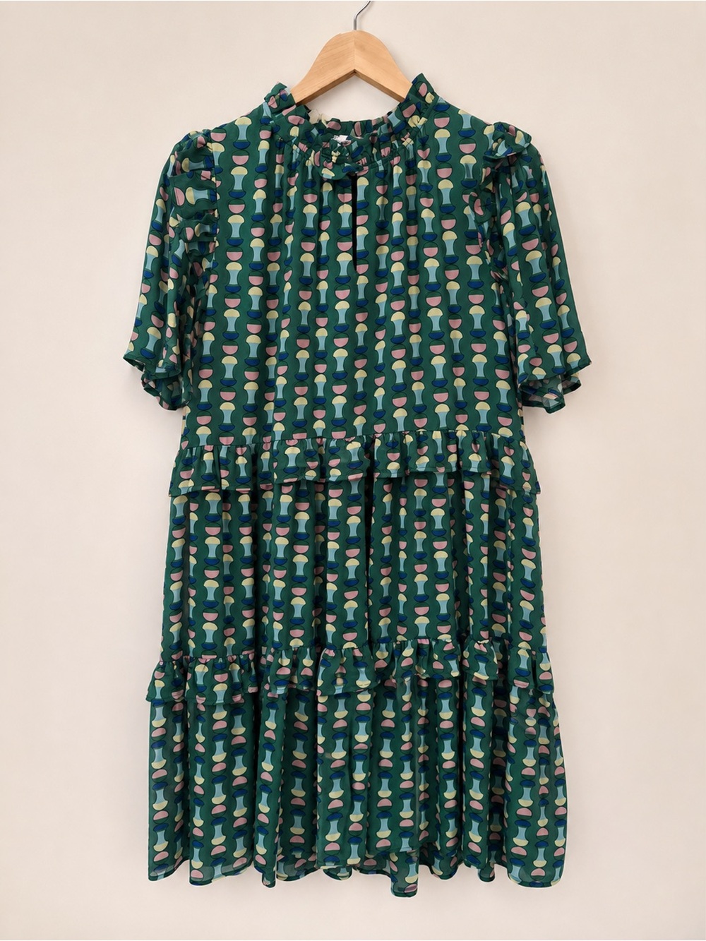 Tiered Green Printed Midi Dress with Ruffle Neck